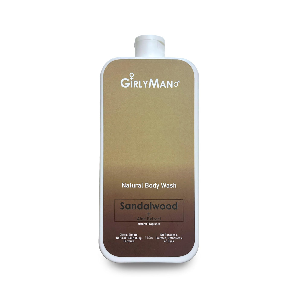 GirlyMan Natural Body Wash bottle front with sandalwood scent for a gentle cleanse.