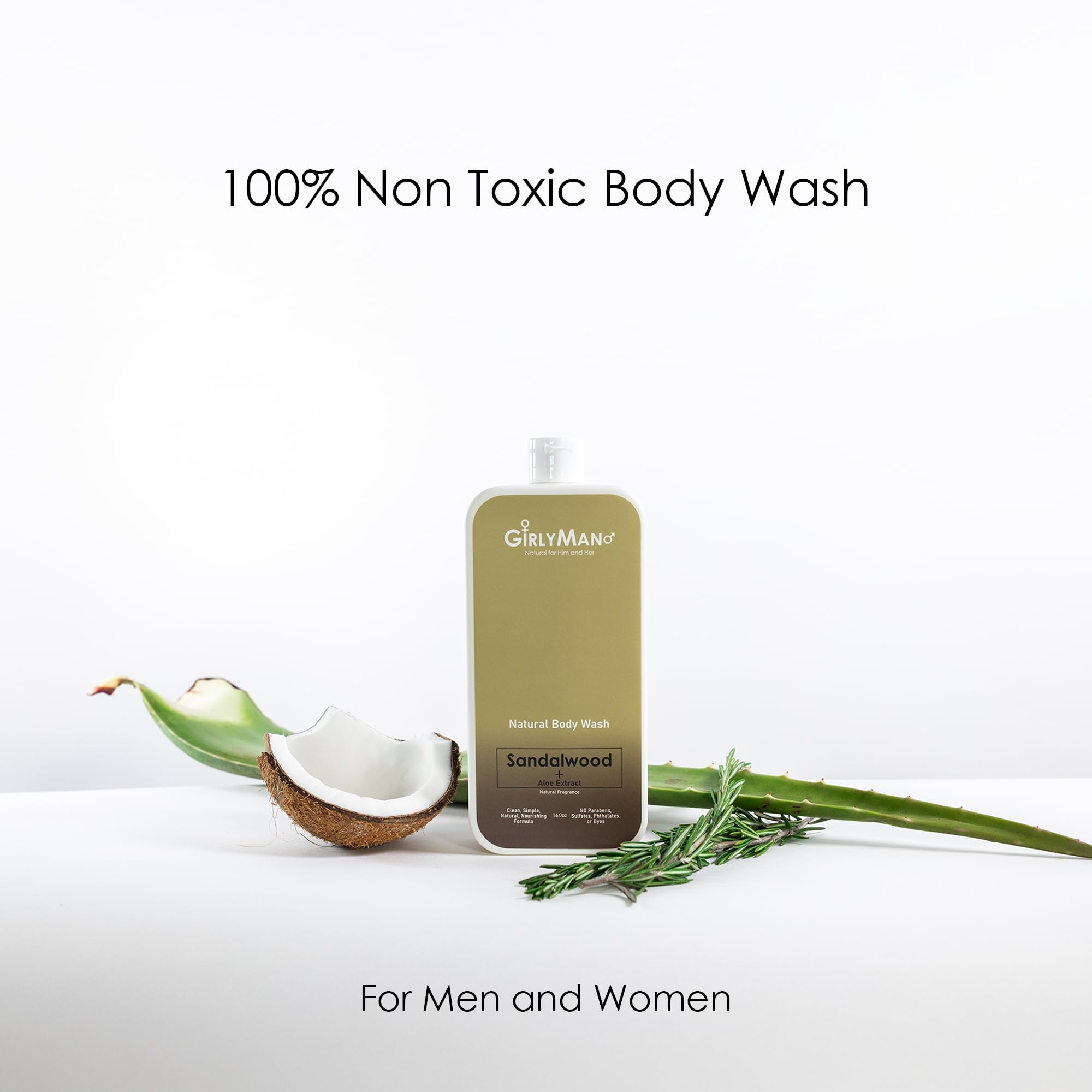 GirlyMan body wash ingredients display olive oil and aloe for nourished skin.