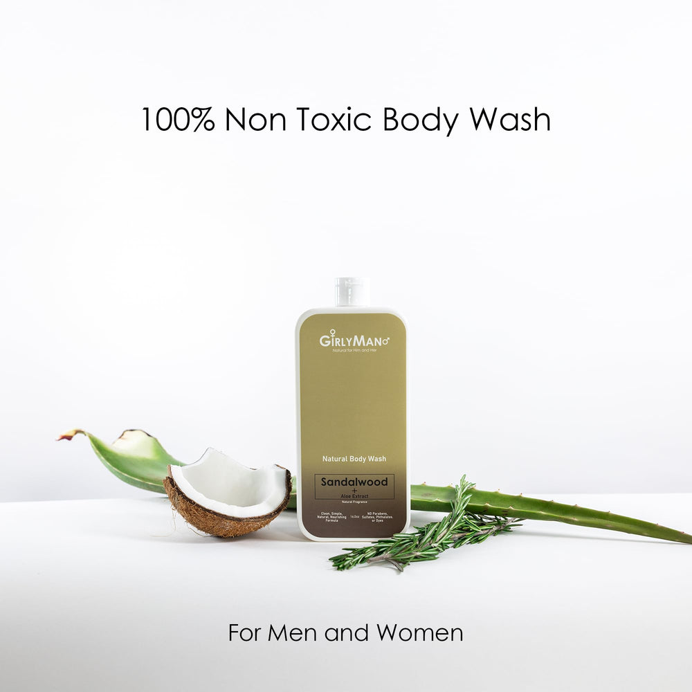 GirlyMan body wash ingredients display olive oil and aloe for nourished skin.