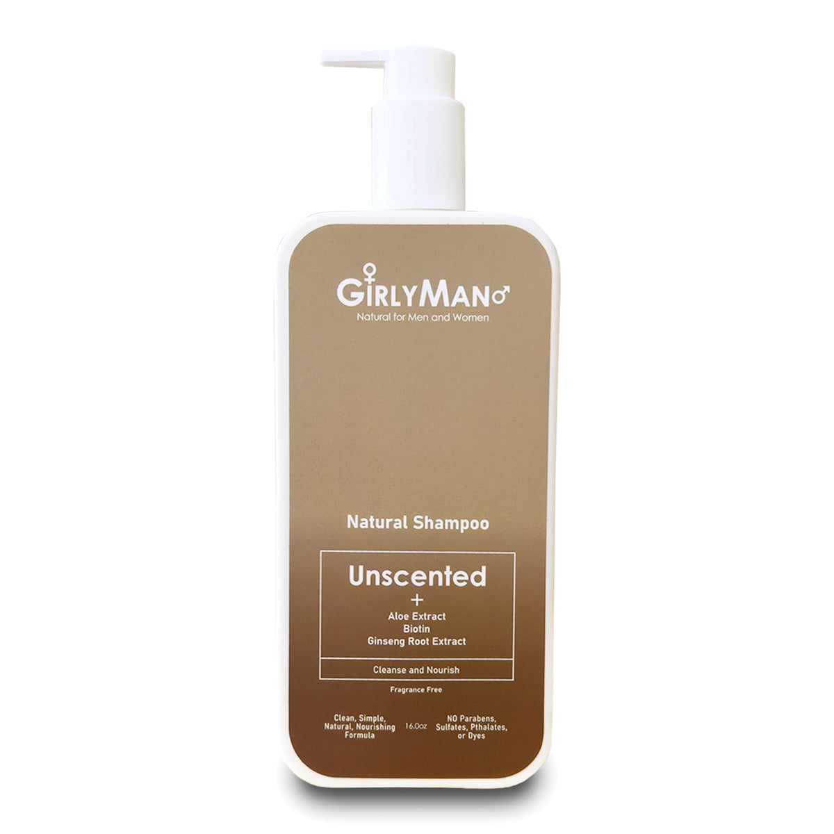 GirlyMan unscented shampoo bottle closeup highlighting gentle, non-toxic cleansing.