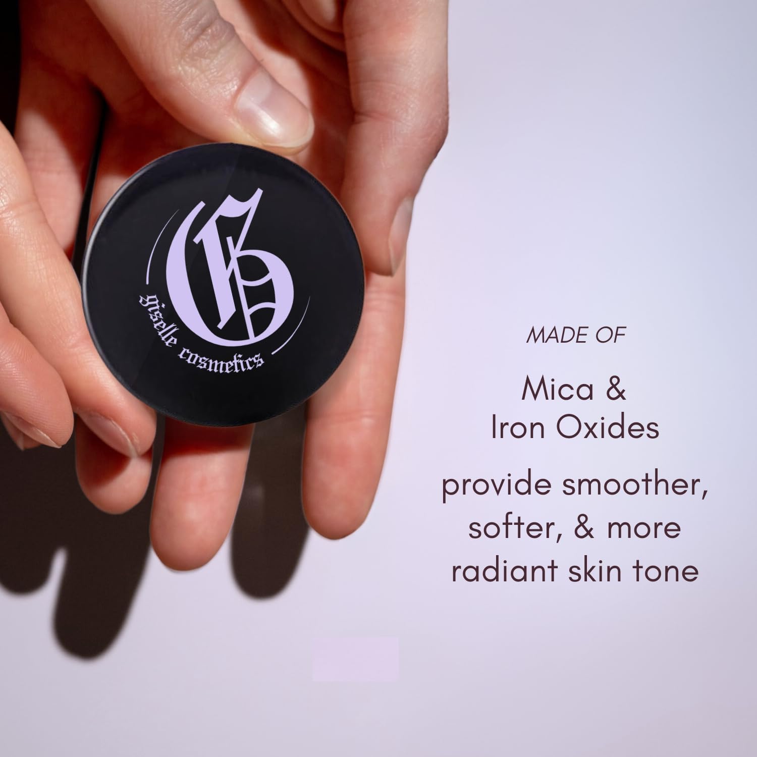 Giselle Cosmetics Black Cherry loose powder showcases pigmented, buildable color for versatile looks.