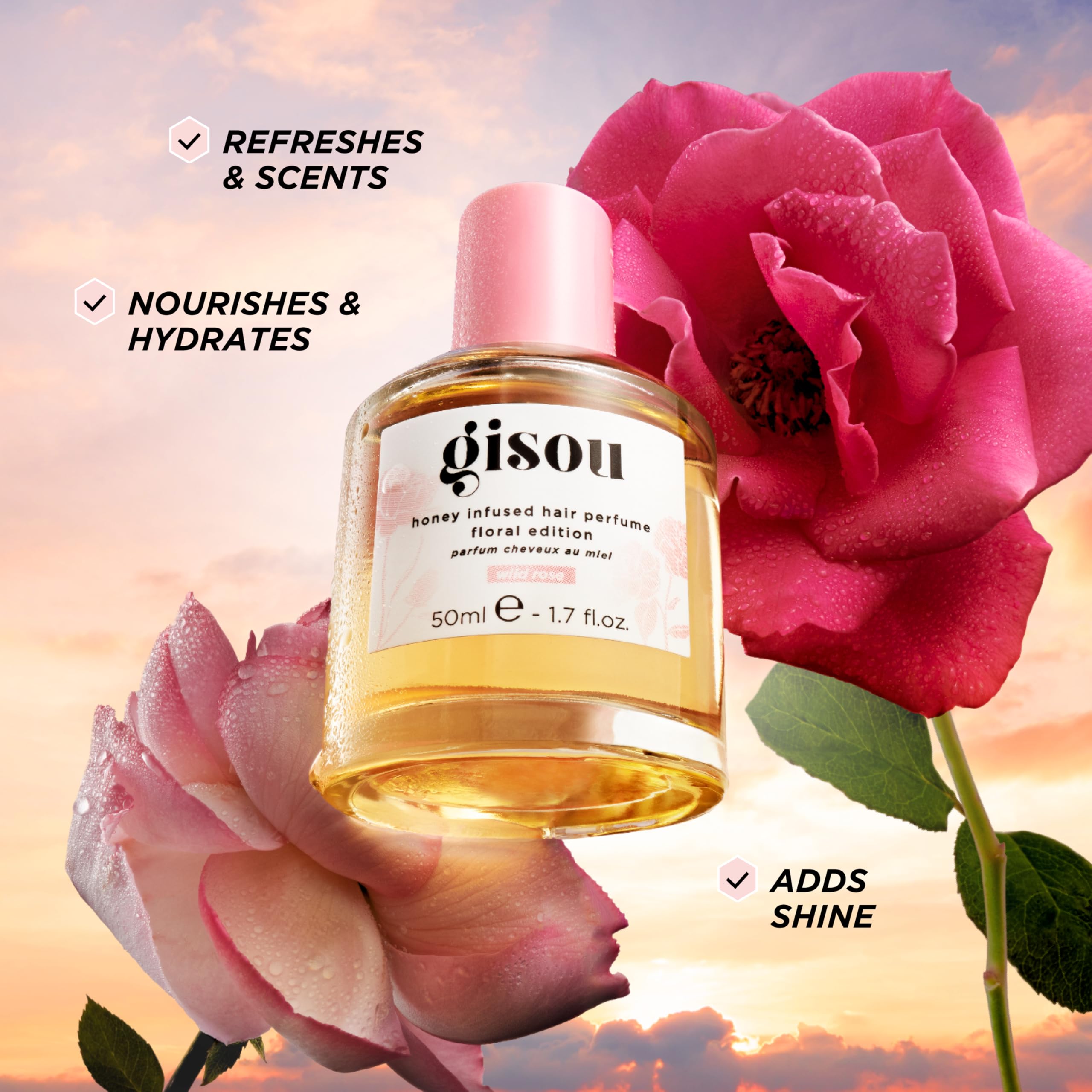 Gisou Honey Infused Hair Perfume bottle featuring Wild Rose fragrance