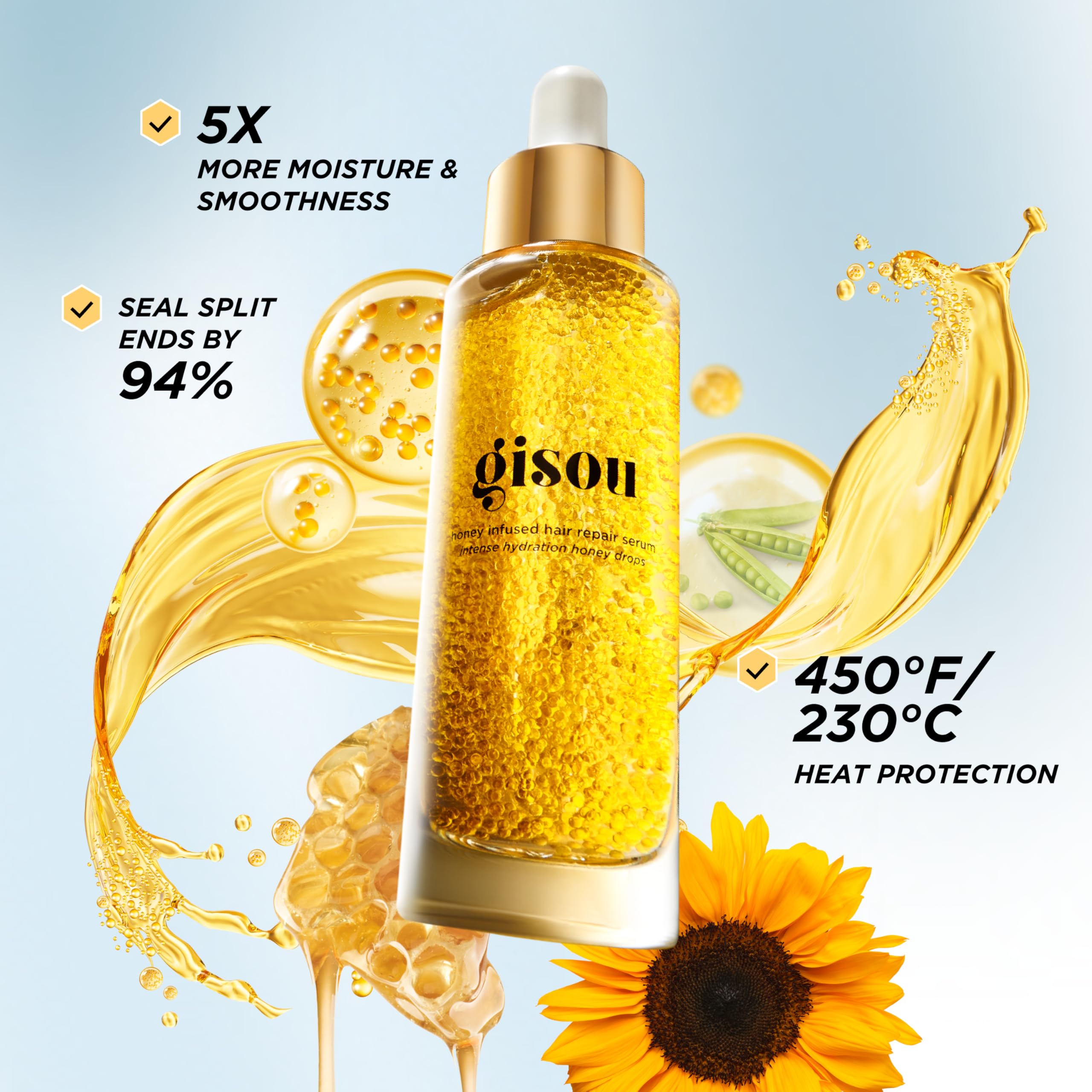 Gisou Honey Infused Hair Repair Serum texture close-up shows a light, fast-absorbing formula.