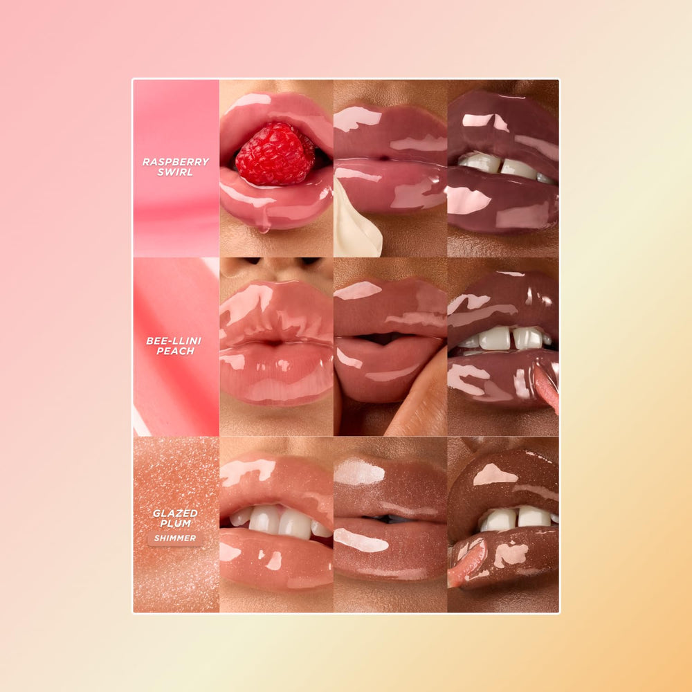 Gisou Honey Infused Lip Oil Bee-llini Peach bottle offers nourishing moisture and soft tint.