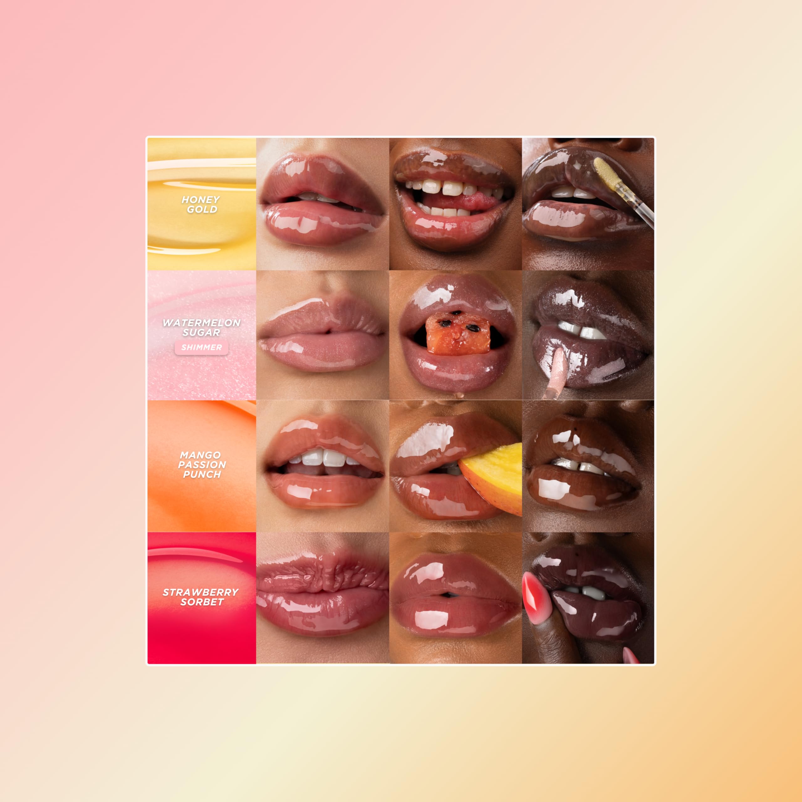 Gisou Honey Infused Lip Oil glossy finish on lips for a hydrated look.