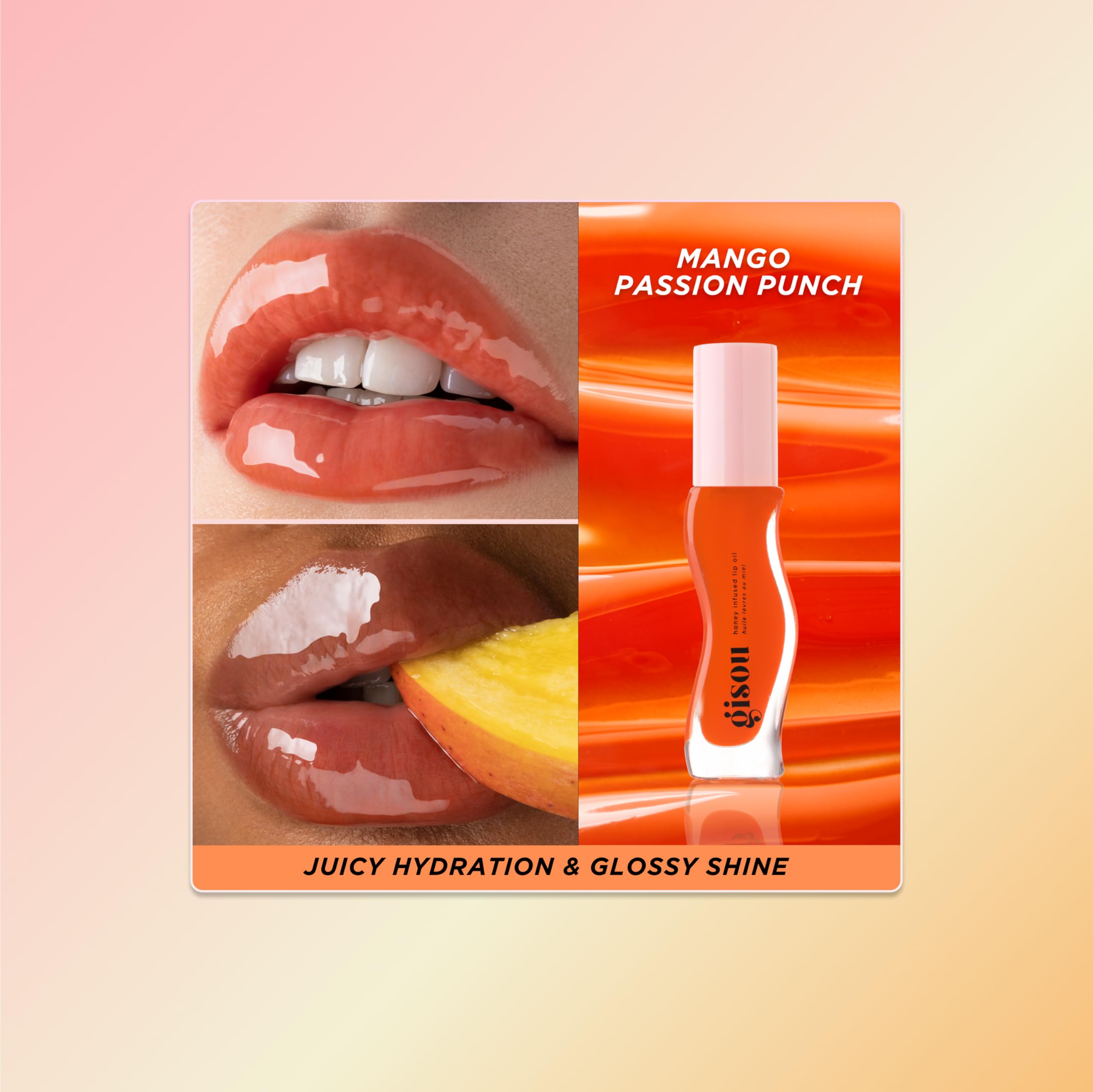 Gisou lip oil ingredients close-up highlighting Mirsalehi Honey.