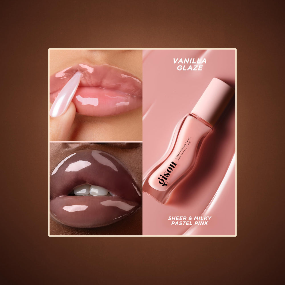 Gisou Honey Infused Lip Oil close-up with Mirsalehi honey drops for natural nourishment.