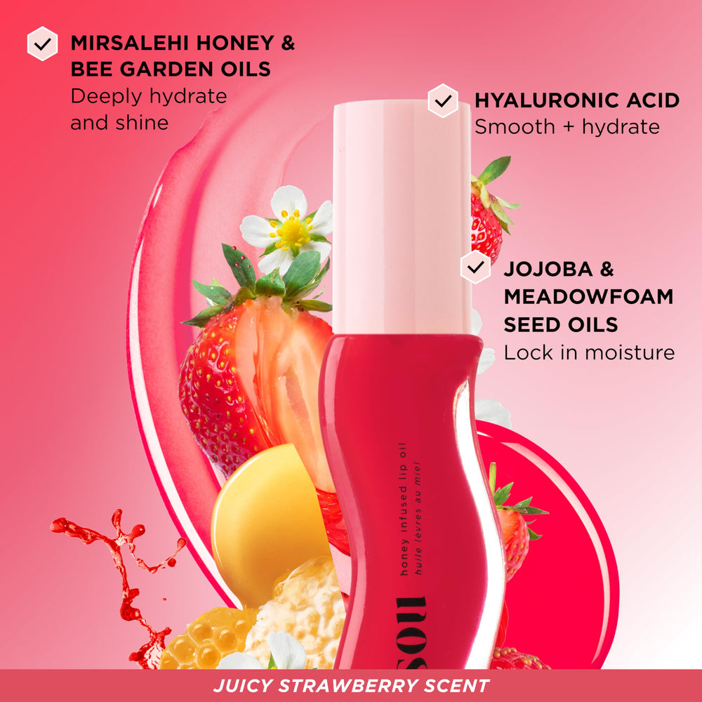 Gisou Honey Infused Lip Oil swatch in Strawberry Sorbet with a vibrant hue.