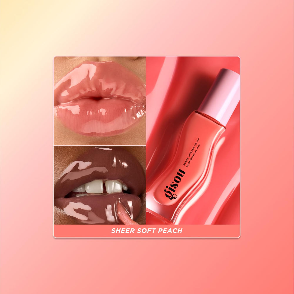 Gisou Honey Infused Lip Oil glossy finish on lips for ultra-shine.