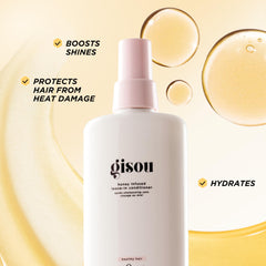 Gisou leave-in application on damp hair for smoother brushing and frizz control.