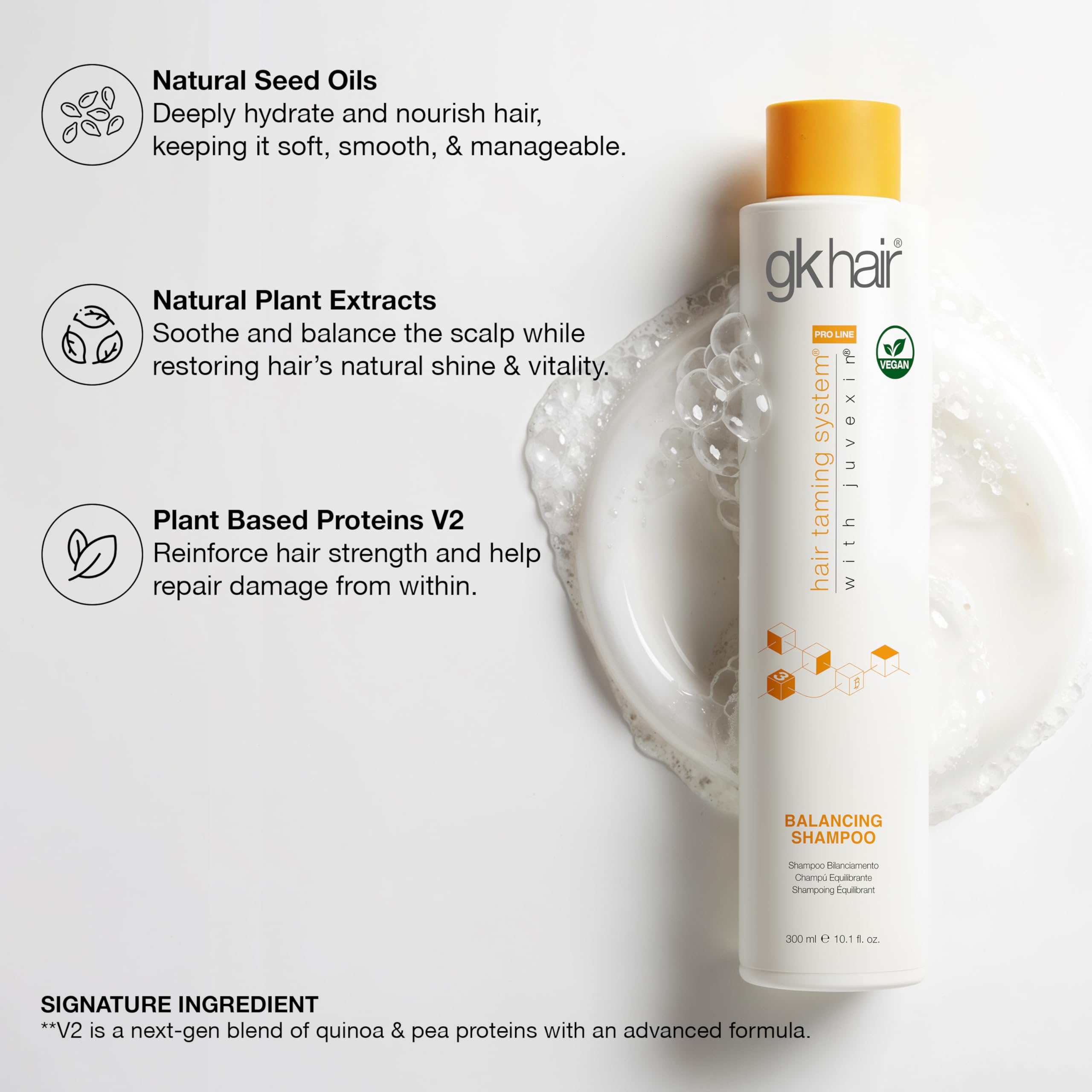 GK Hair Balancing Shampoo packaging highlights sulfate-free formula and ingredients.