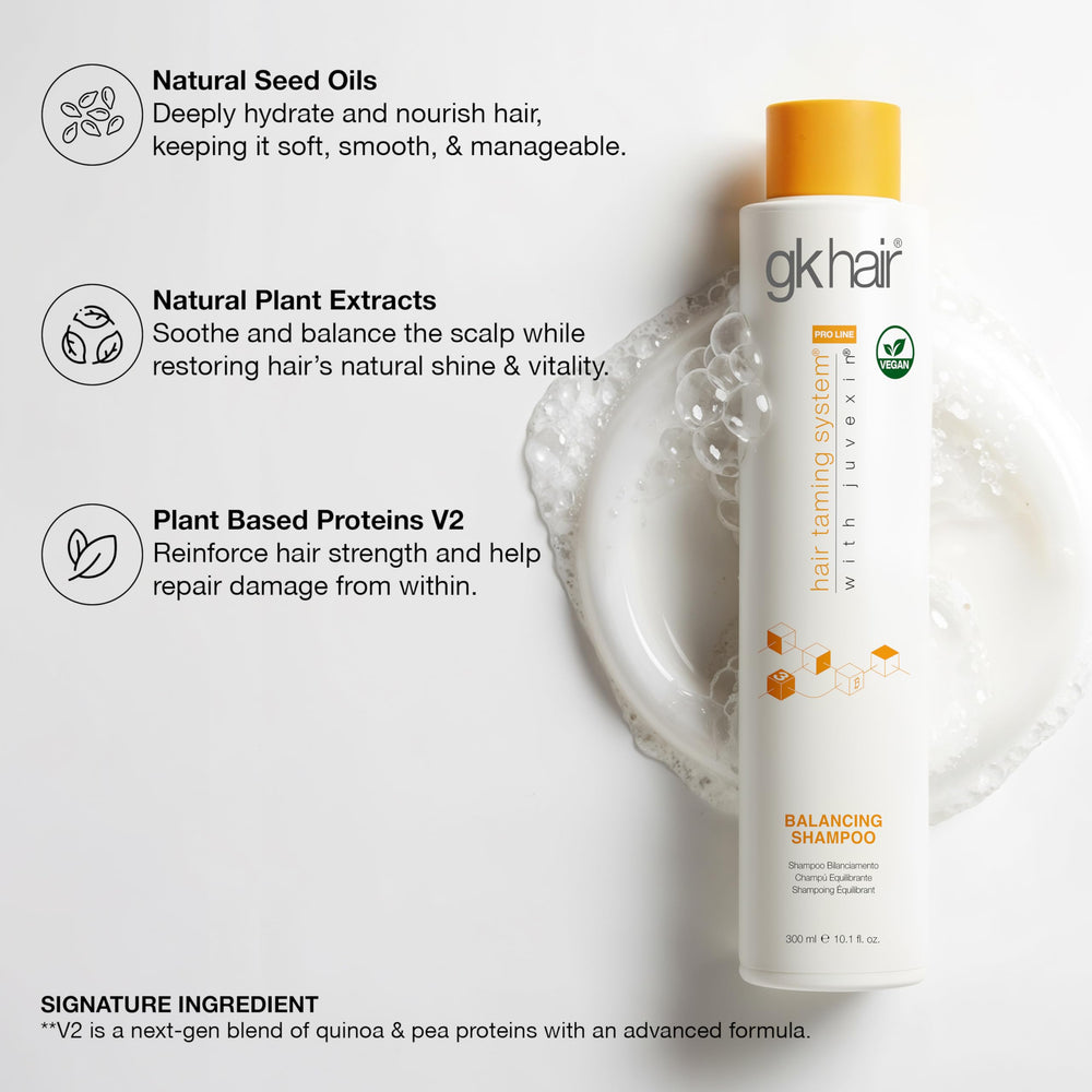 GK Hair Balancing Shampoo packaging highlights sulfate-free formula and ingredients.
