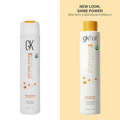 GK Hair Balancing Shampoo bottle close-up showing keratin and argan oil.