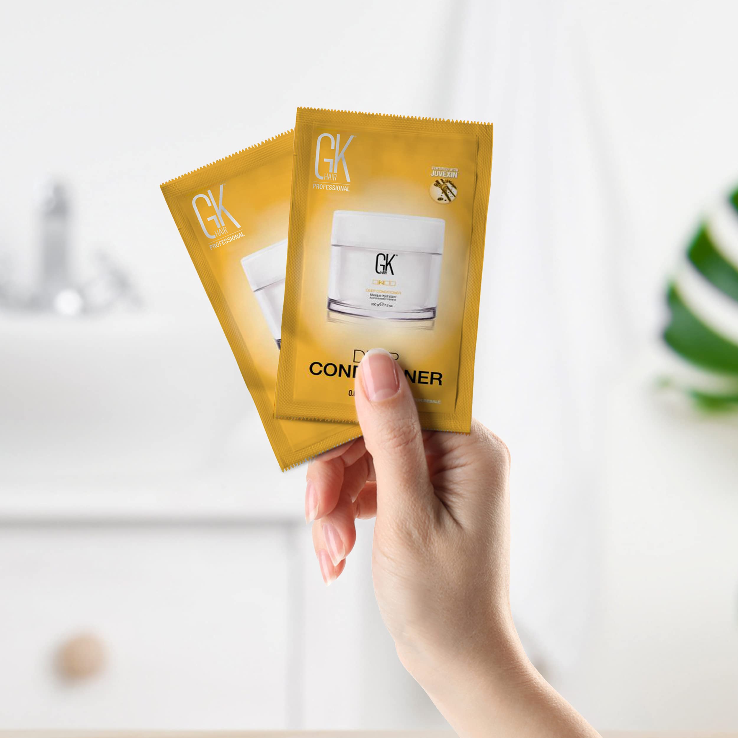 GK Hair Deep Conditioner sachet opened, ready for deep conditioning on dry or damaged hair