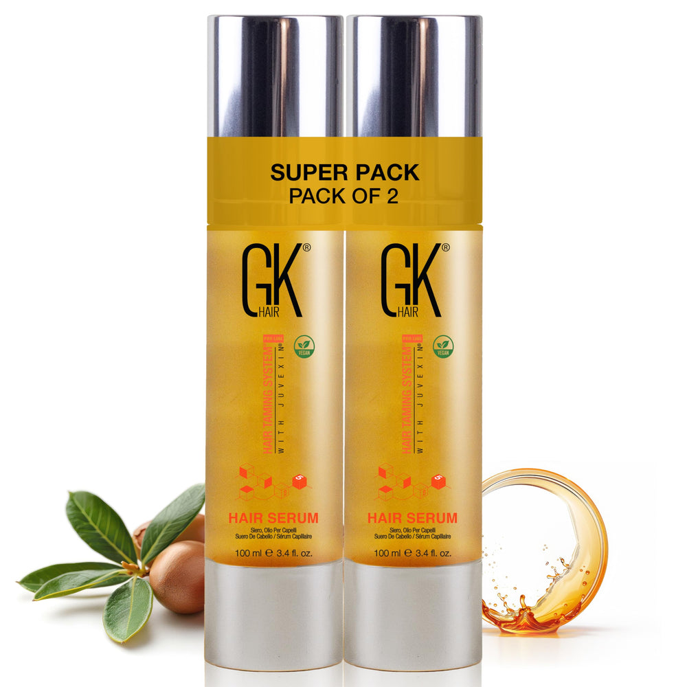 GK HAIR oil bottle pour demonstrates easy frizz-control application