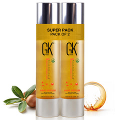 GK HAIR oil bottle pour demonstrates easy frizz-control application