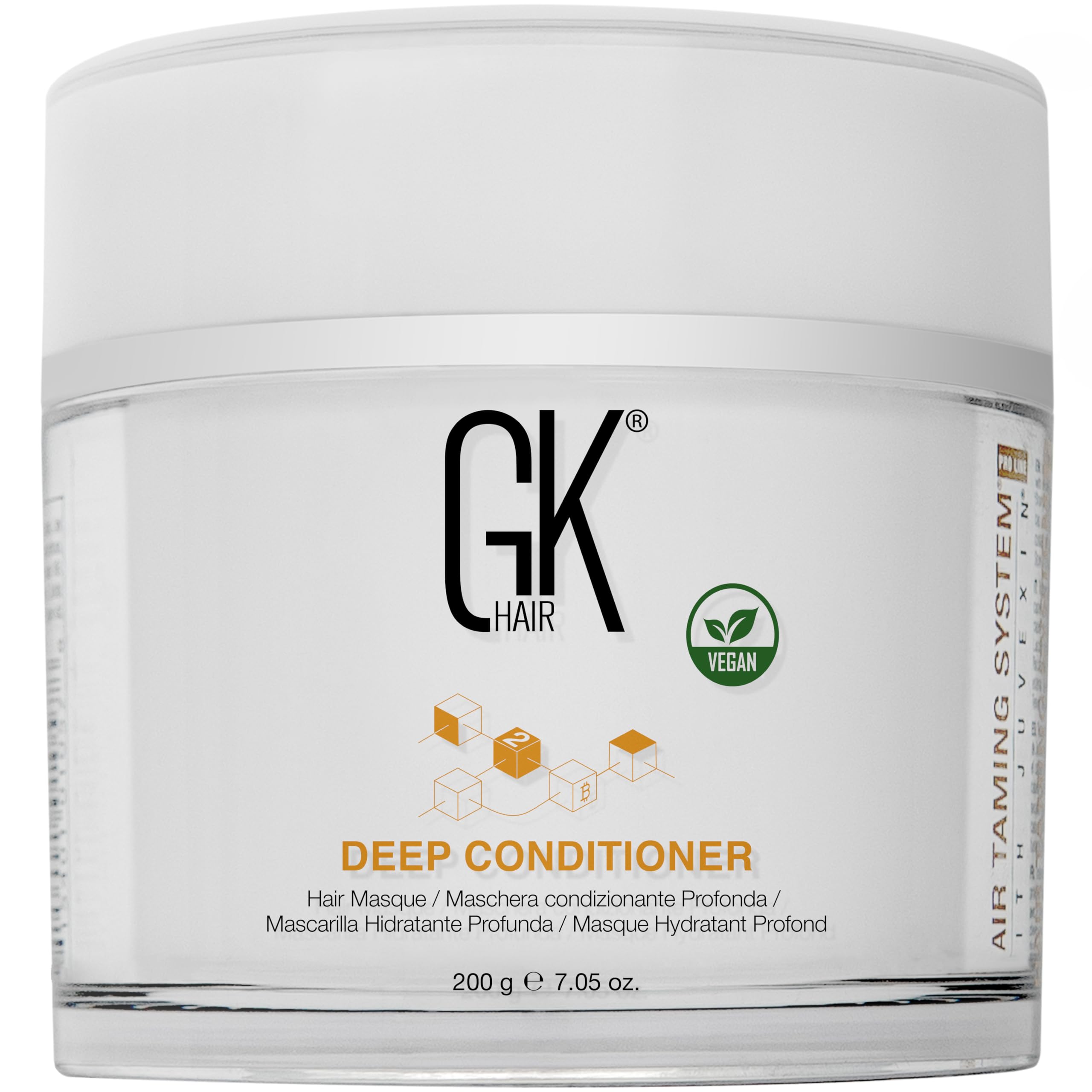 GK HAIR vegan deep conditioning bottle for intense hydration and detangling.