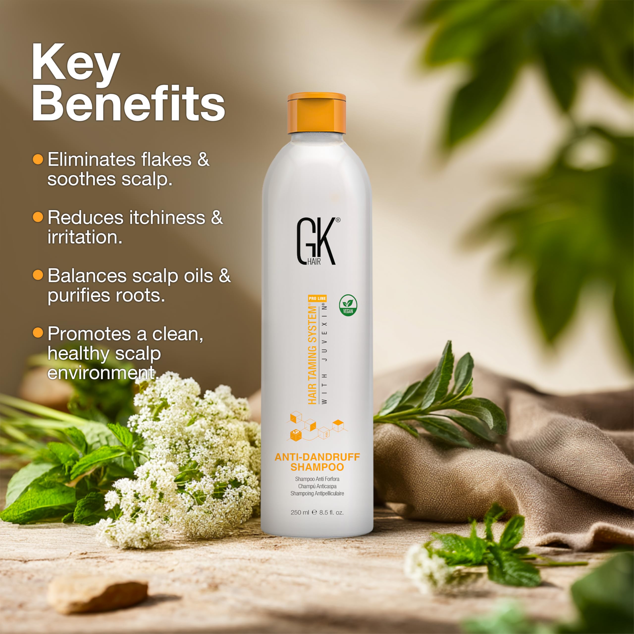 GK HAIR Dandruff-relief shot emphasizes a clean, flakes-free look.