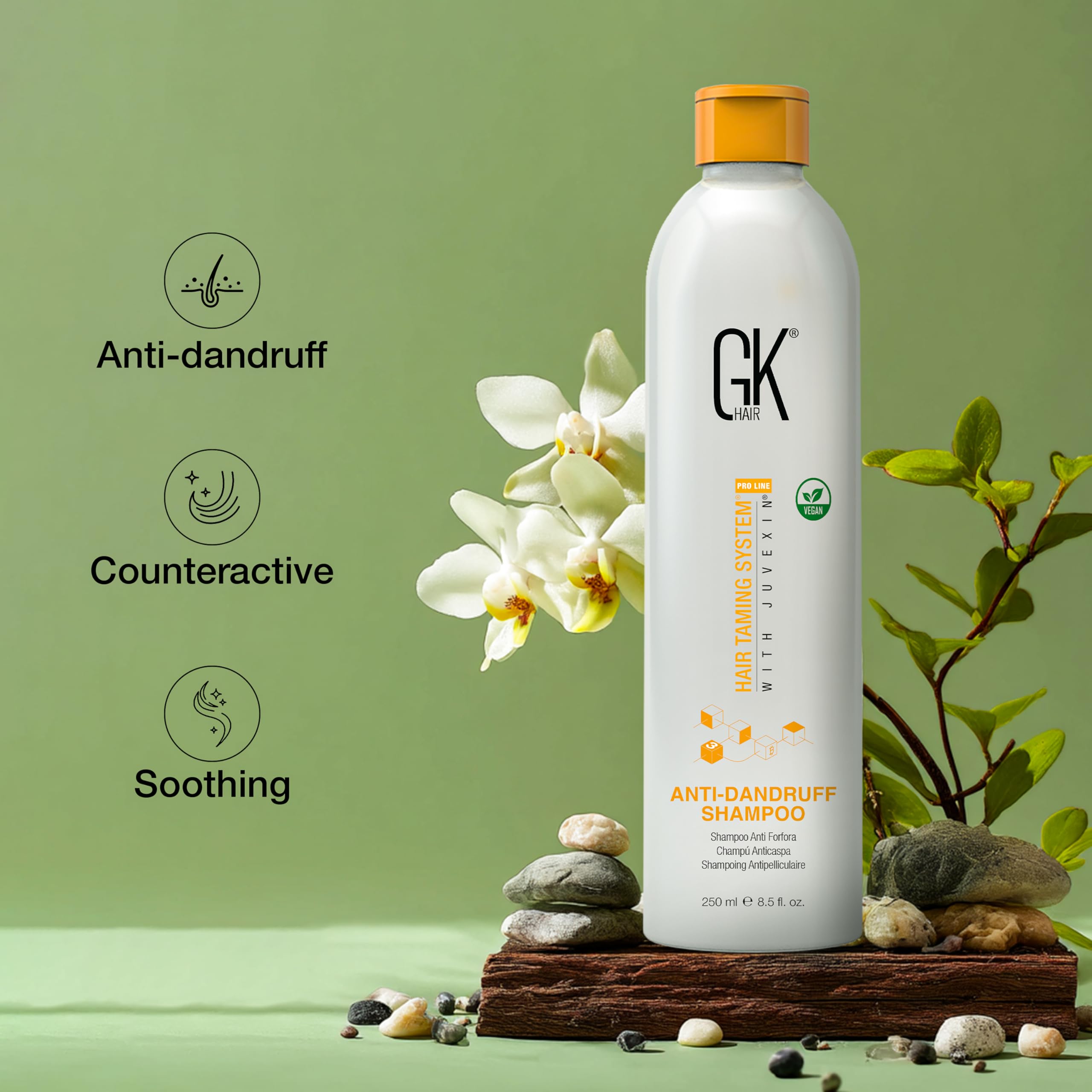 GK HAIR Scalp-relief close-up suggests soothing comfort after washing.