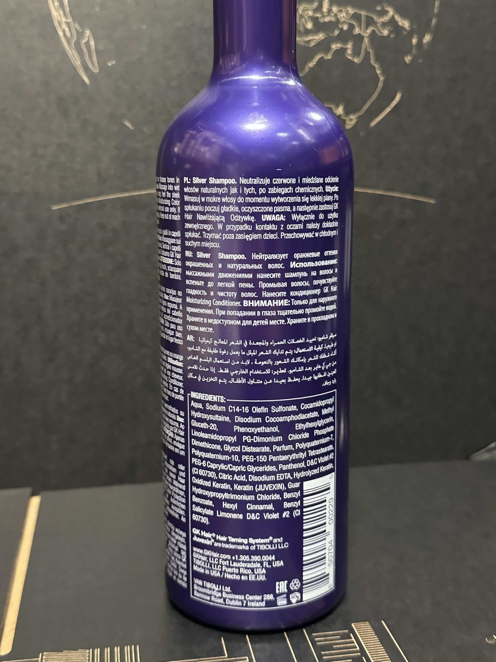 GK HAIR Silver Bombshell Shampoo after-use shot shows even hair tone