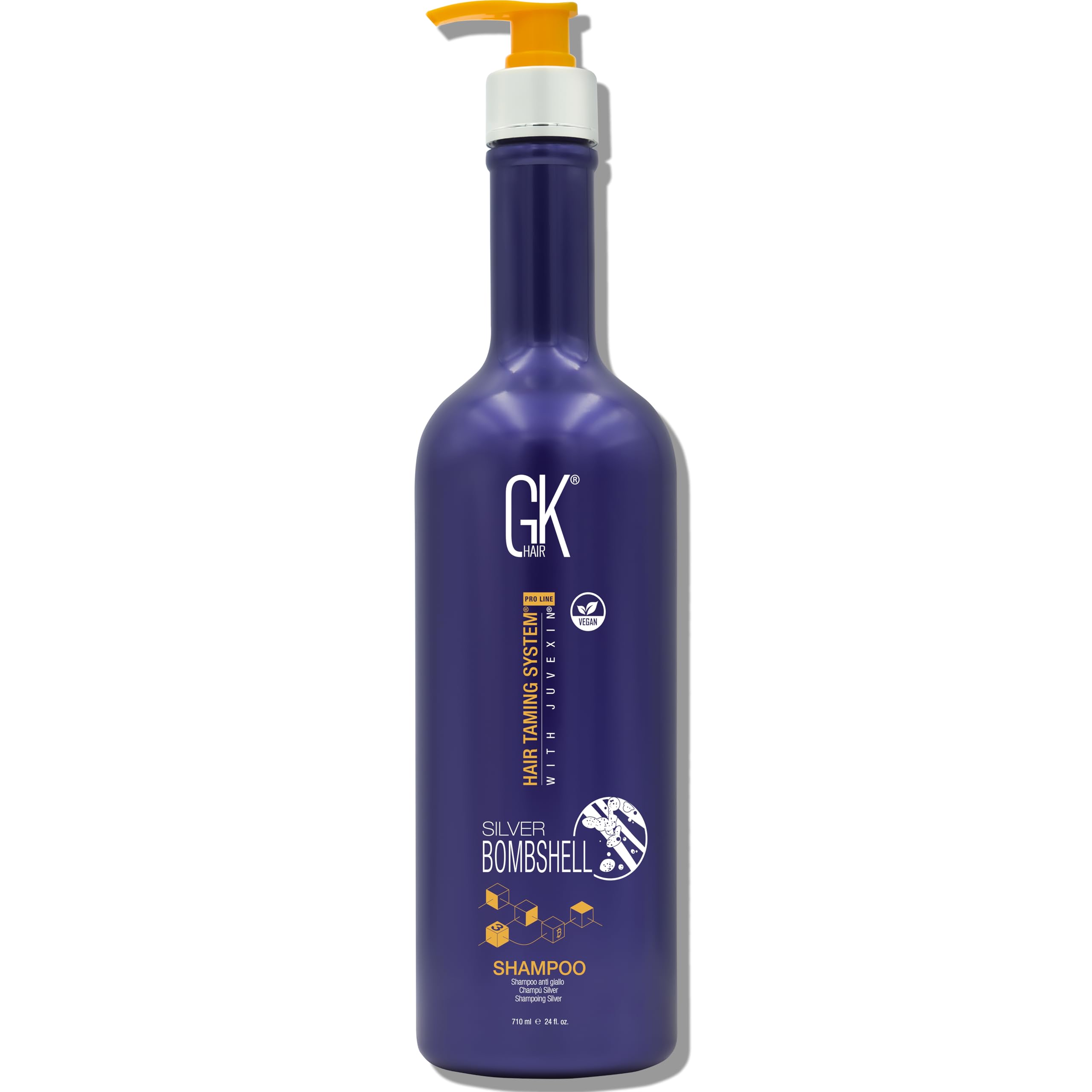 GK HAIR Silver Bombshell Shampoo bottle highlighting violet toning for cooler blonde tones