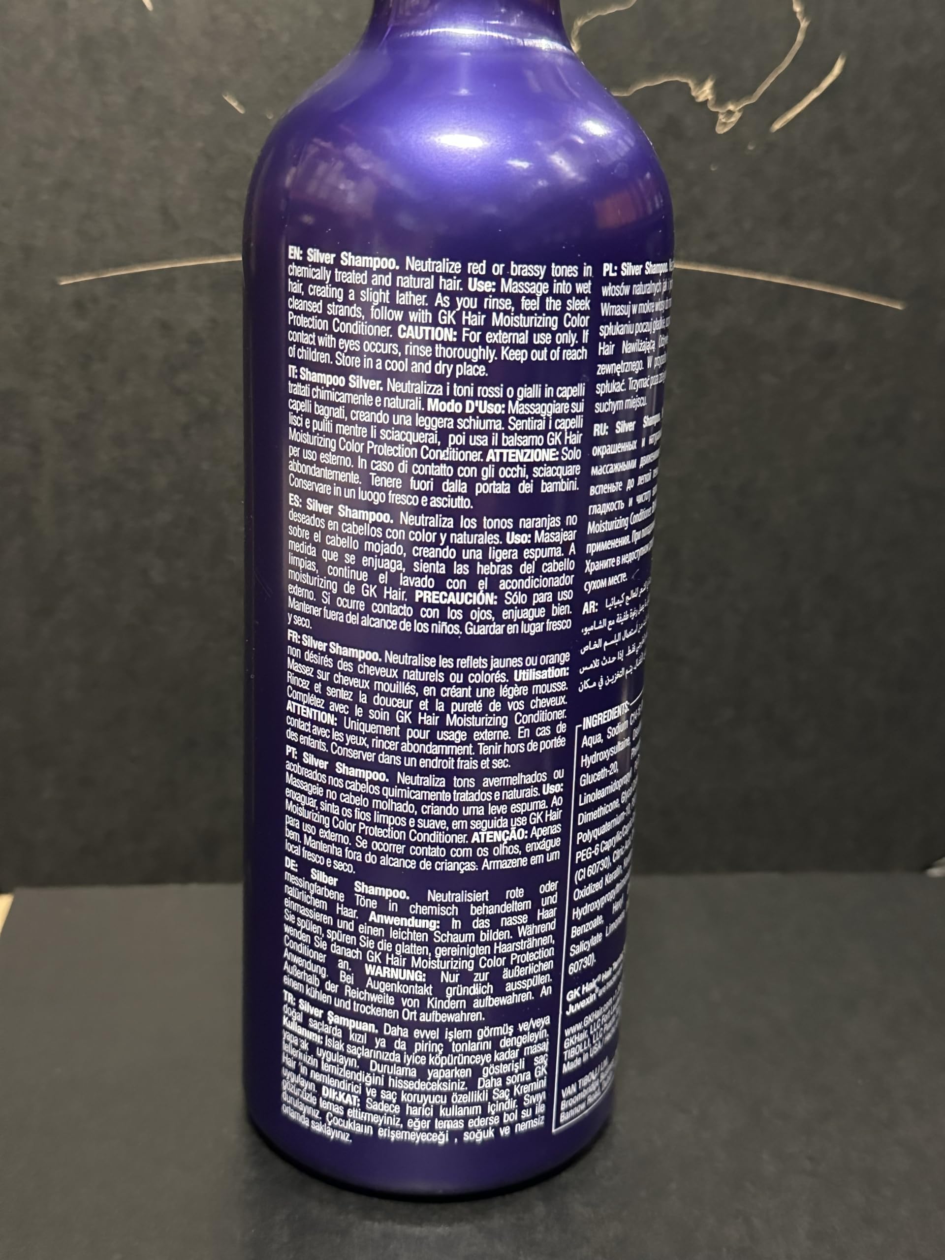 GK HAIR Silver Bombshell Shampoo violet-base formula targets orange and yellow hues