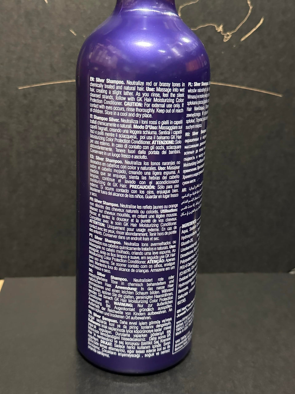 GK HAIR Silver Bombshell Shampoo violet-base formula targets orange and yellow hues