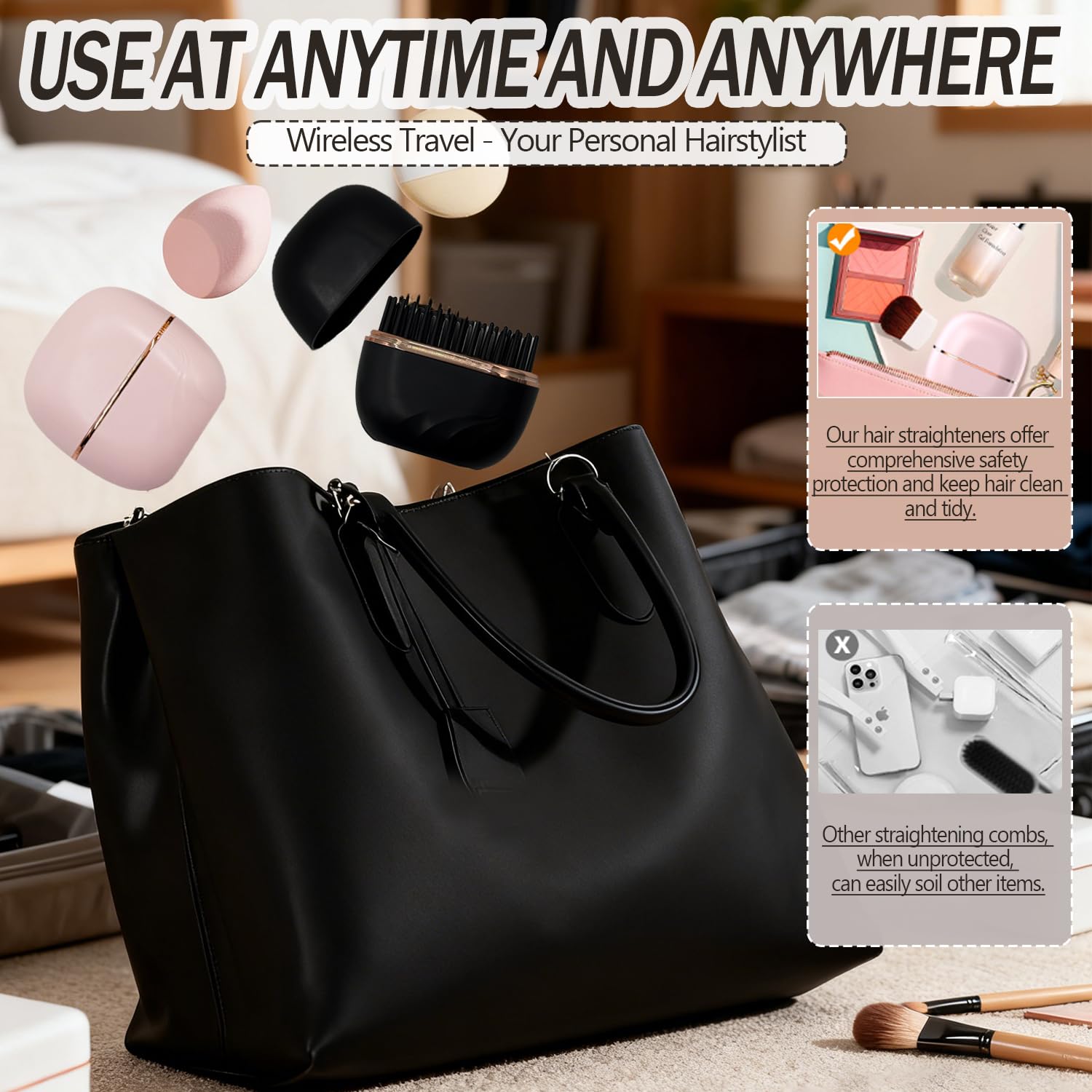 Glam Brushs compact design fits easily in a bag for travel styling.