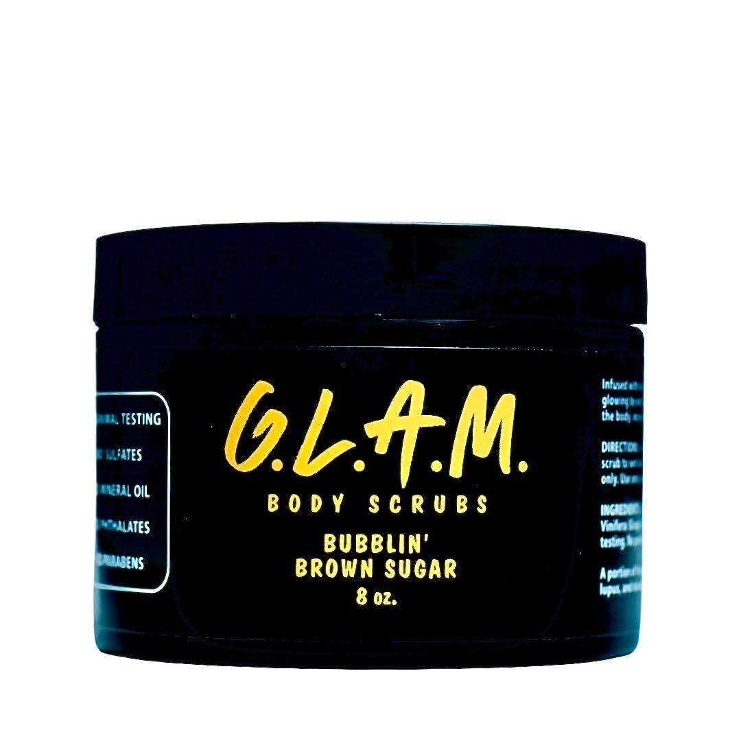 G.L.A.M. Bubblin Brown Sugar jar closeup showing whipped texture for gentle exfoliation