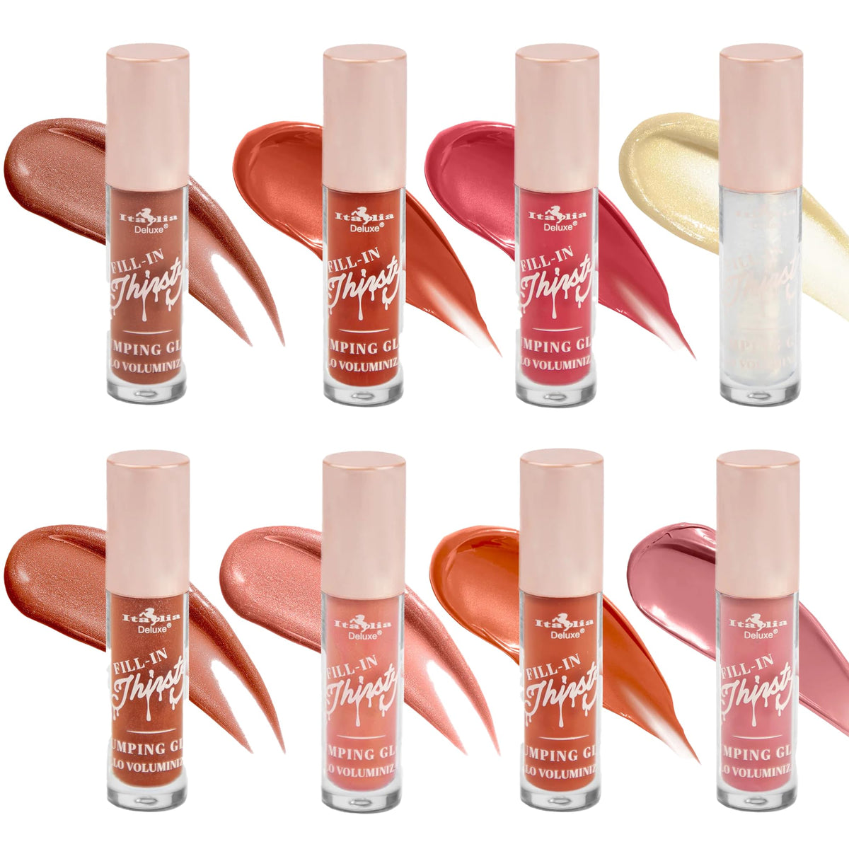 Glam Lux Italia Deluxe Plumping Gloss packaging with eight color tubes for hydration and shine.