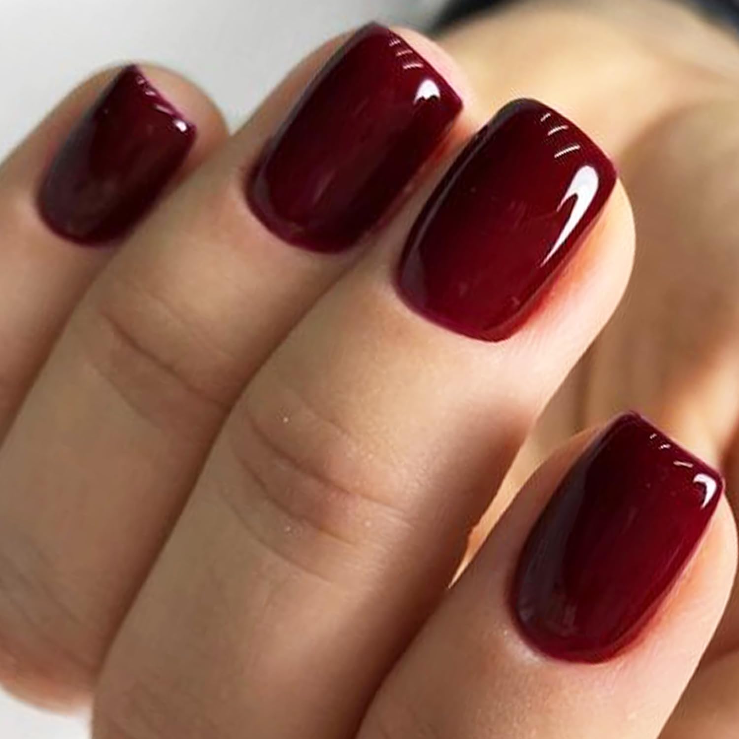 GLAMERMAID dark red press-on nails in extra-short square shape with glossy burgundy finish.