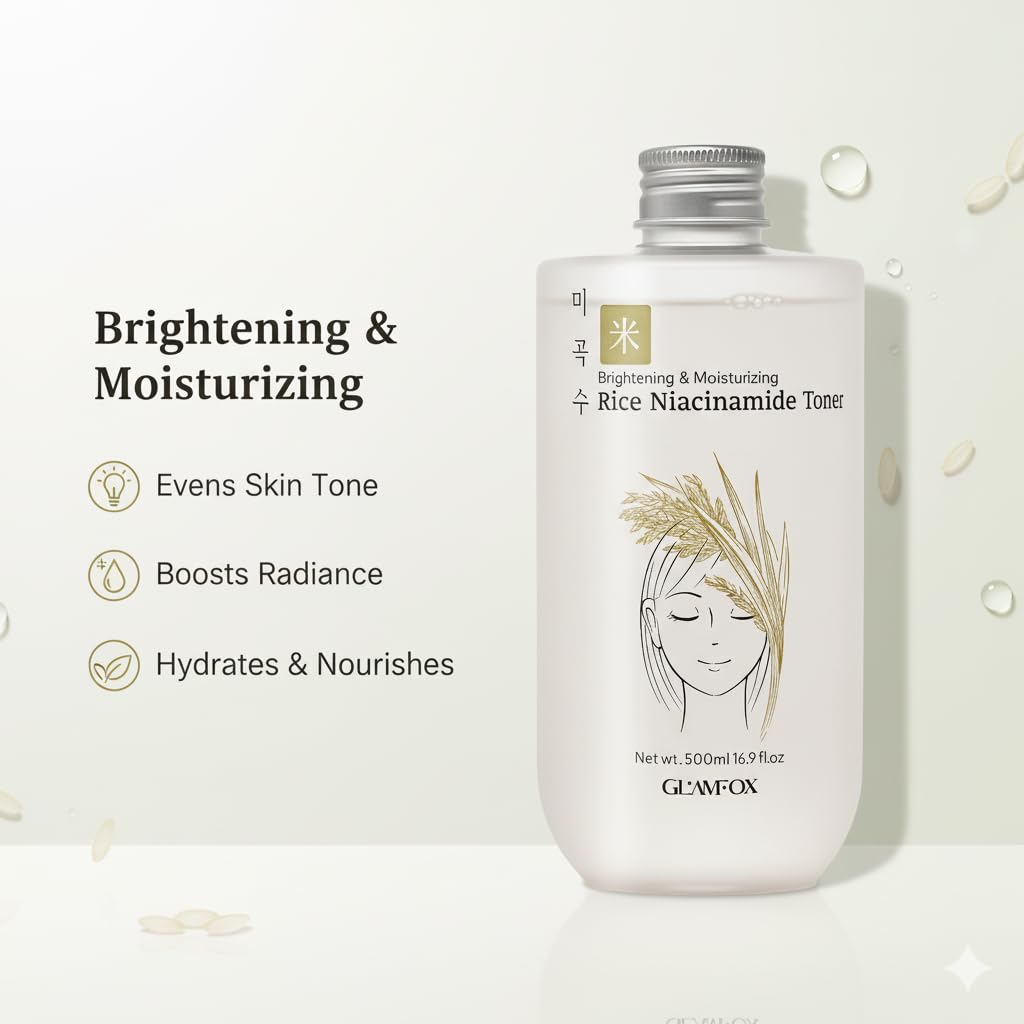 Glamfox Rice Niacinamide Toner packaging on vanity for daily glow routine
