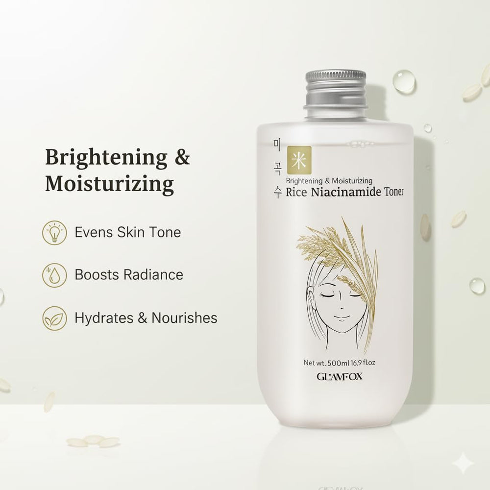 Glamfox Rice Niacinamide Toner packaging on vanity for daily glow routine