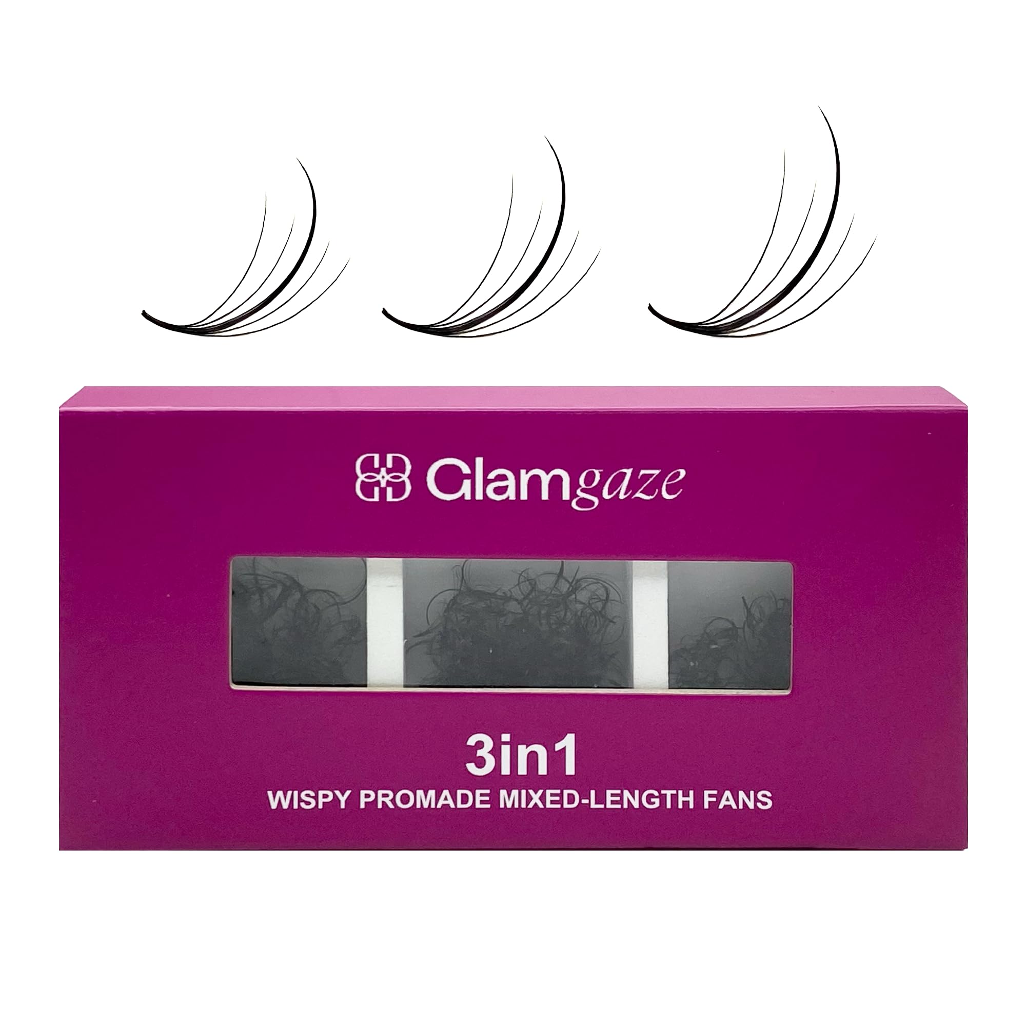 Glamgaze 750 wispy promade fans in case for fast, consistent volume lash sets.
