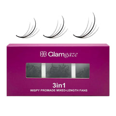 Glamgaze 750 wispy promade fans in case for fast, consistent volume lash sets.