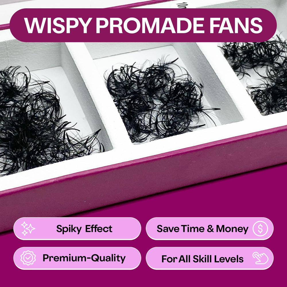 Close-up of Glamgaze wispy promade fans showing soft spikes and natural density.