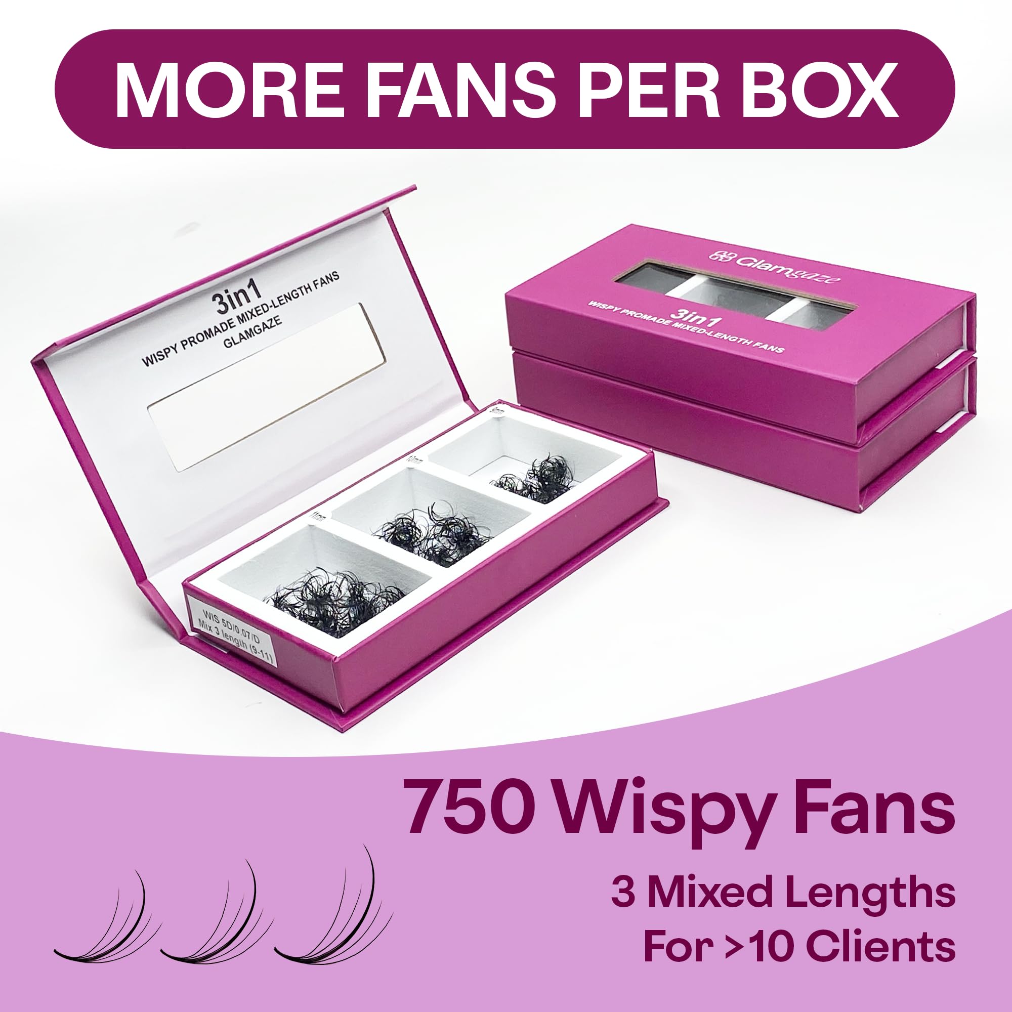 Three mixed lengths from Glamgaze promade fans allow flexible lash styling.