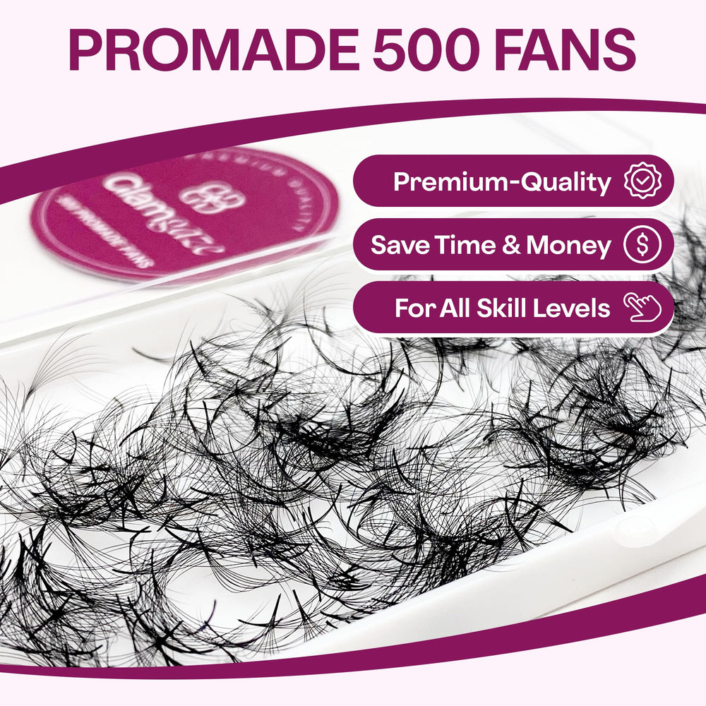 Glamgaze premade fans with a precise pointy base for seamless bonding.
