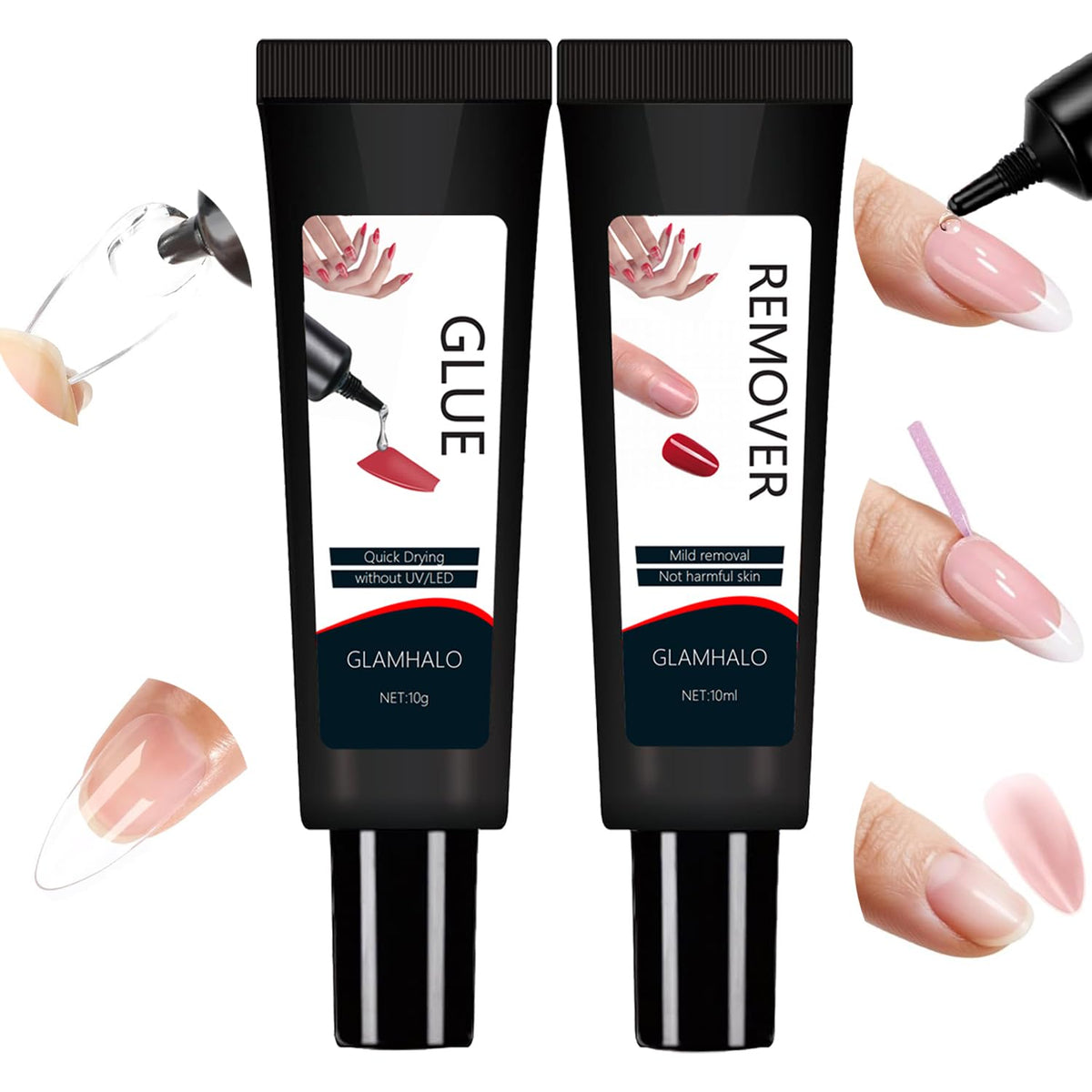 Glamhalo Quick Dry Nail Glue Gel bottle for at-home manicures.