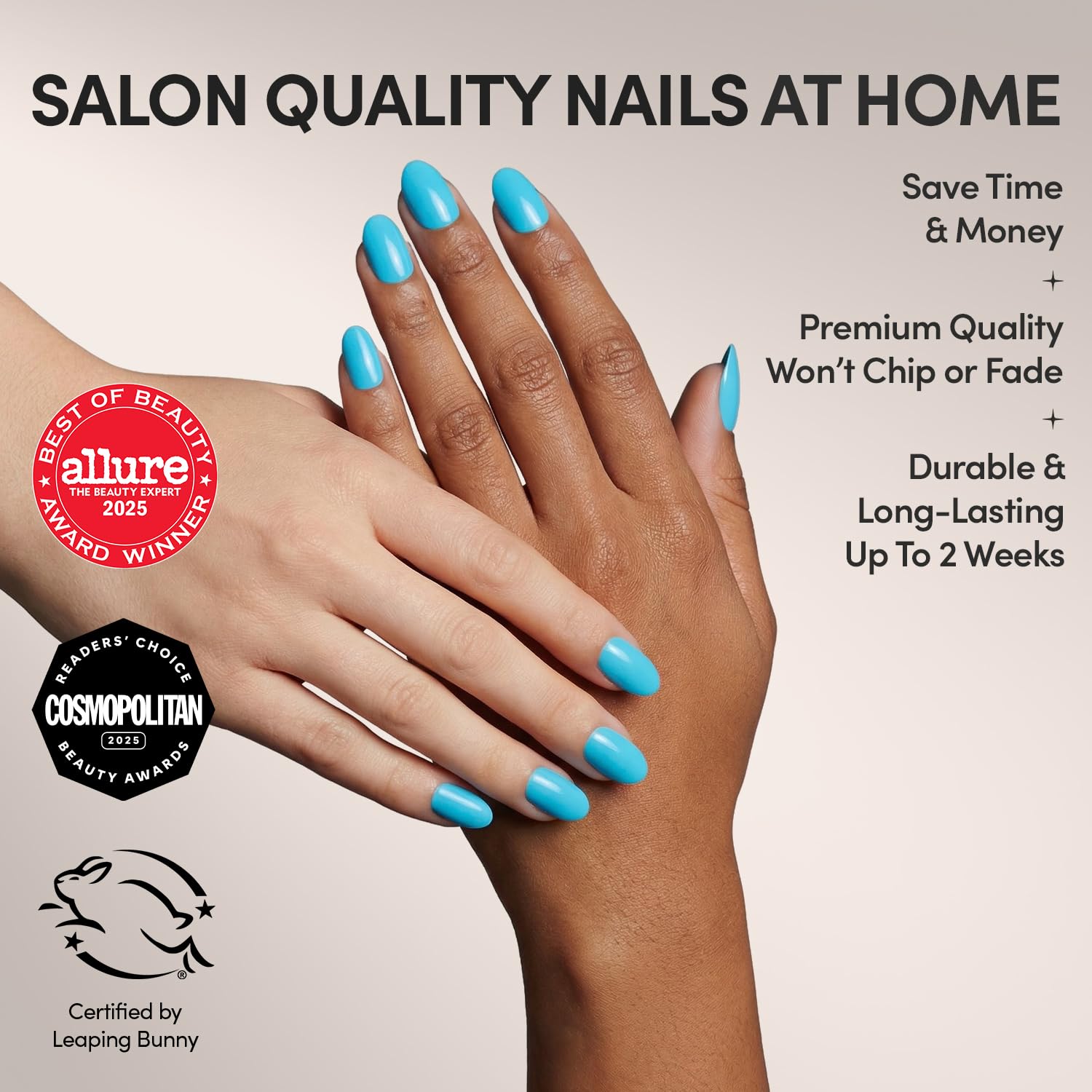 Glamnetic Azure Blue nails with glue and file for quick, polished at-home wear.