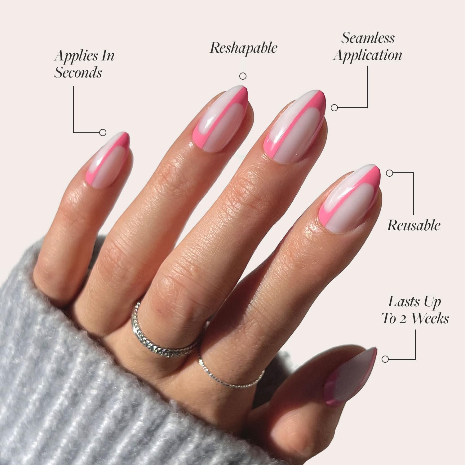 Close-up of almond-shaped tips with milky base on Glamnetic Better Half