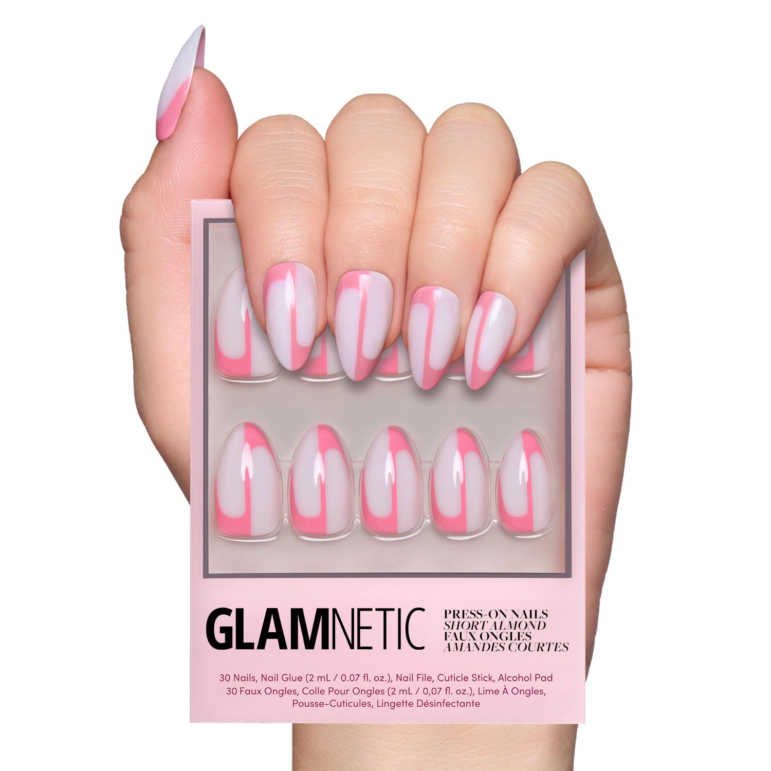 Glamnetic Better Half nails with pink accents for a Valentine’s Day look, glossy finish