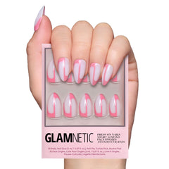 Glamnetic Better Half nails with pink accents for a Valentine’s Day look, glossy finish