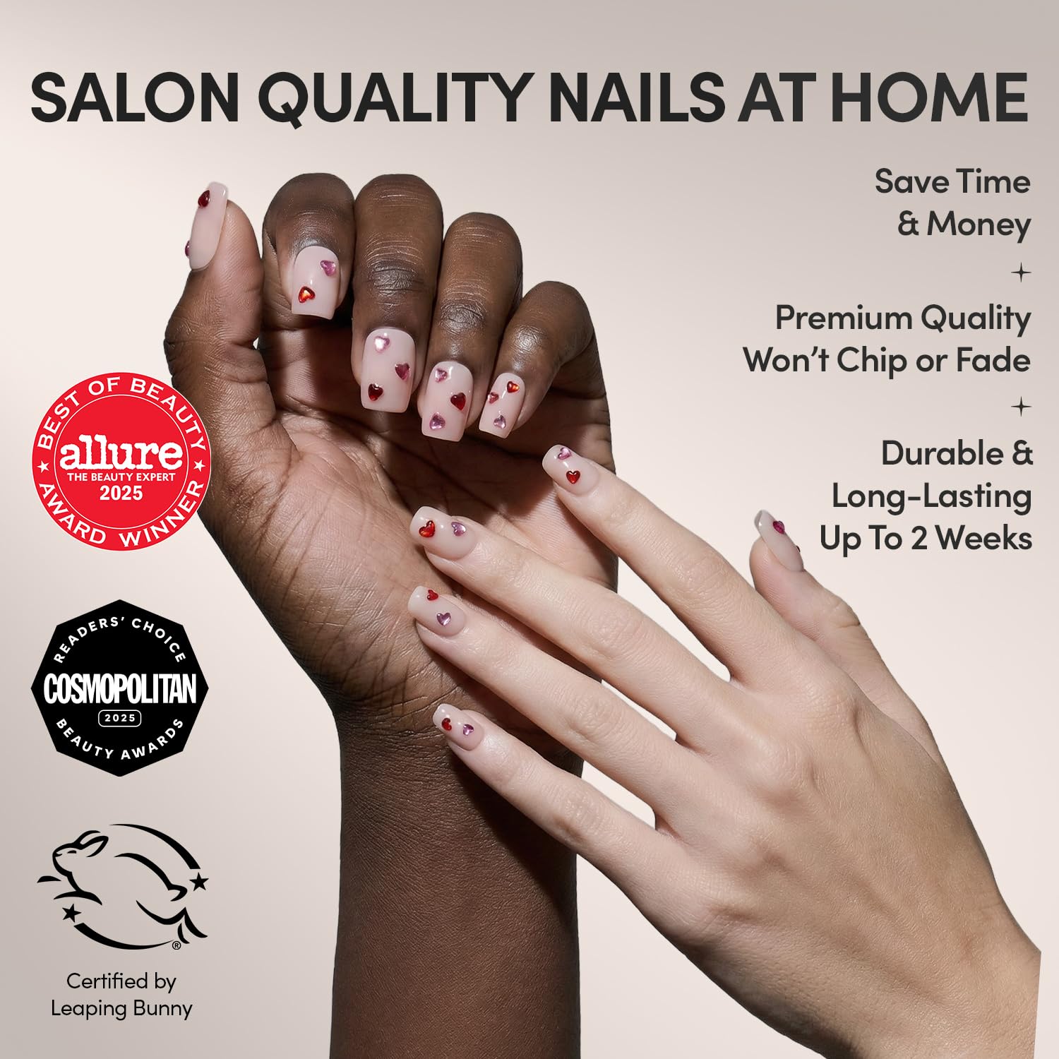 Glamnetic Dear Lover nails glossy nude finish for everyday elegance with playful hearts