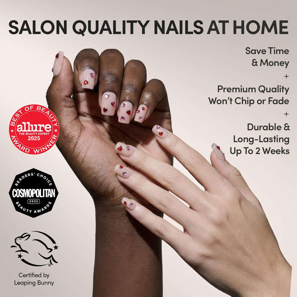 Glamnetic Dear Lover nails glossy nude finish for everyday elegance with playful hearts