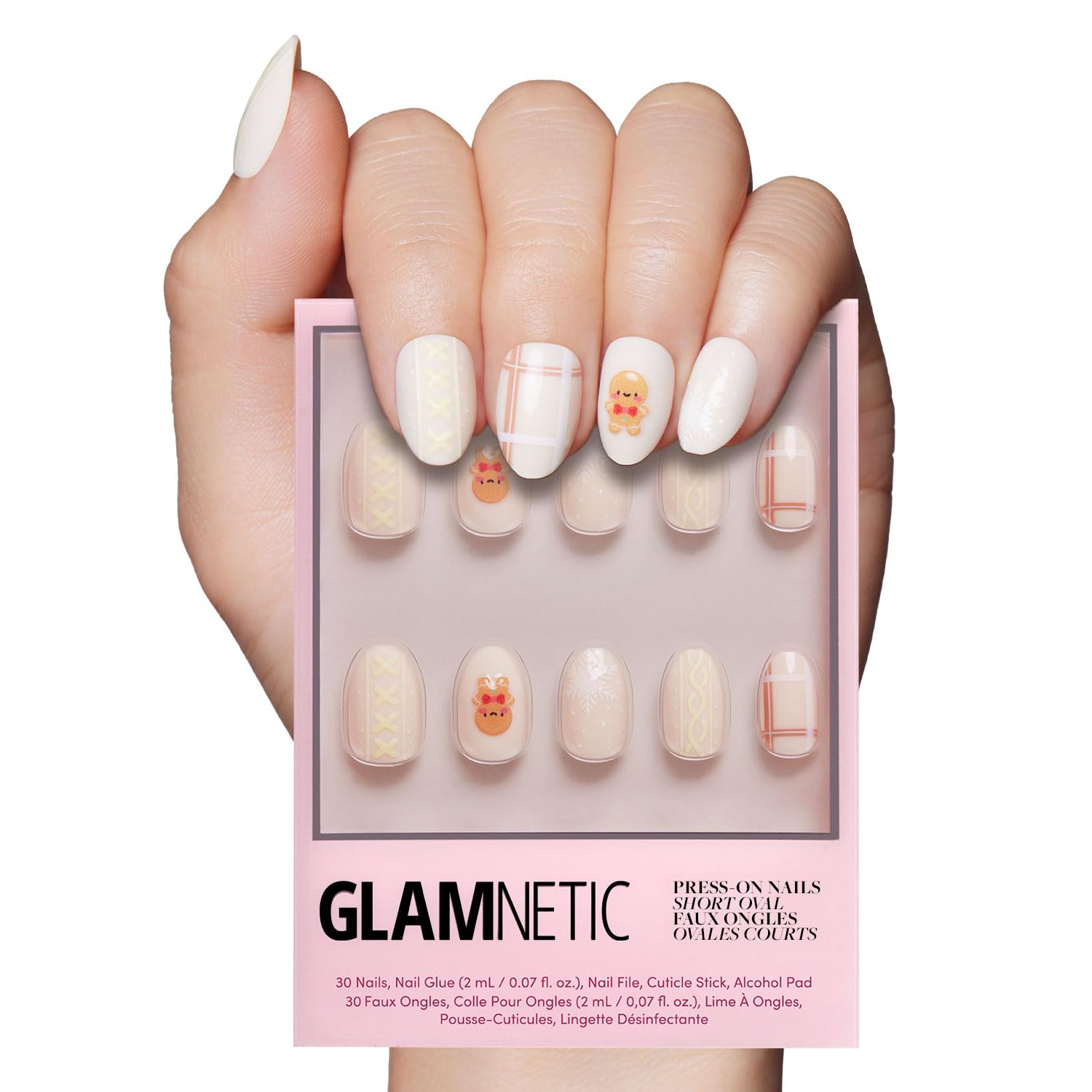 Glamnetic Gingerbread Knit nails with glossy finish for festive, instant salon style nails