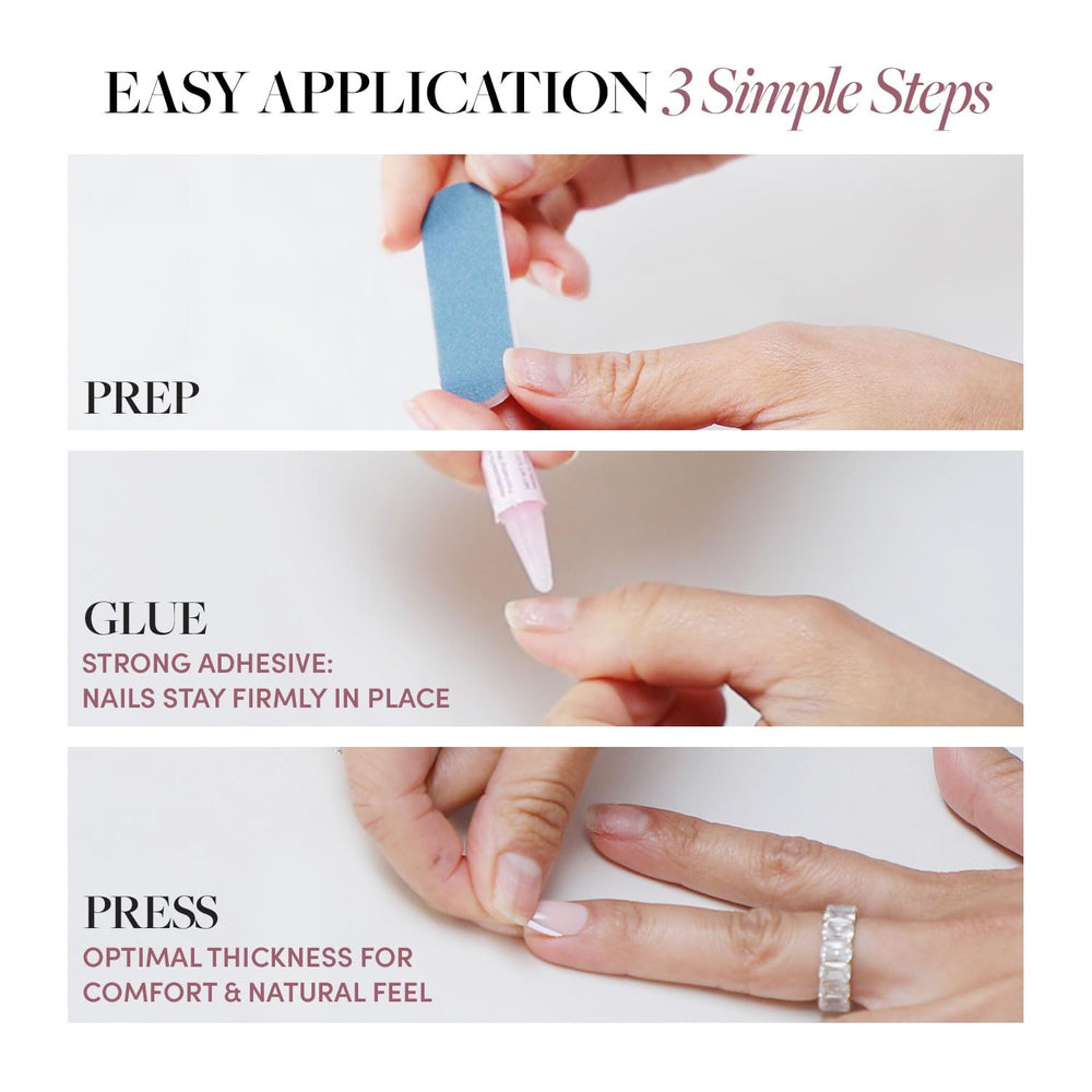 Glamnetic Gingerbread Knit nails in use with glue and tools for at home application