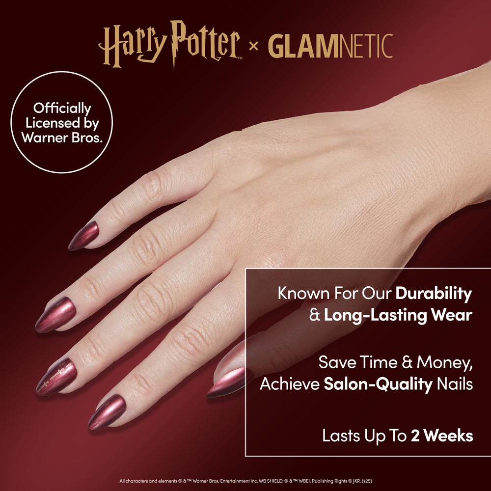 Glamnetic Gryffindor scarlet chrome nails in short almond shape for versatile wear