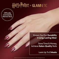 Glamnetic Gryffindor scarlet chrome nails in short almond shape for versatile wear
