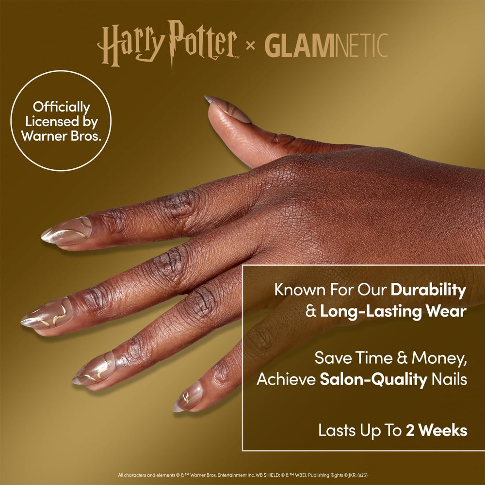 Close-up of Glamnetic Golden Cup nails with gold foil design for luxe sparkle.